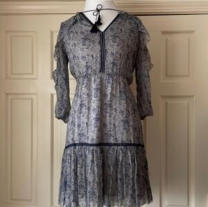 Elie Tahari Blue and White Ruffled Sundress with V-Neck Size 6